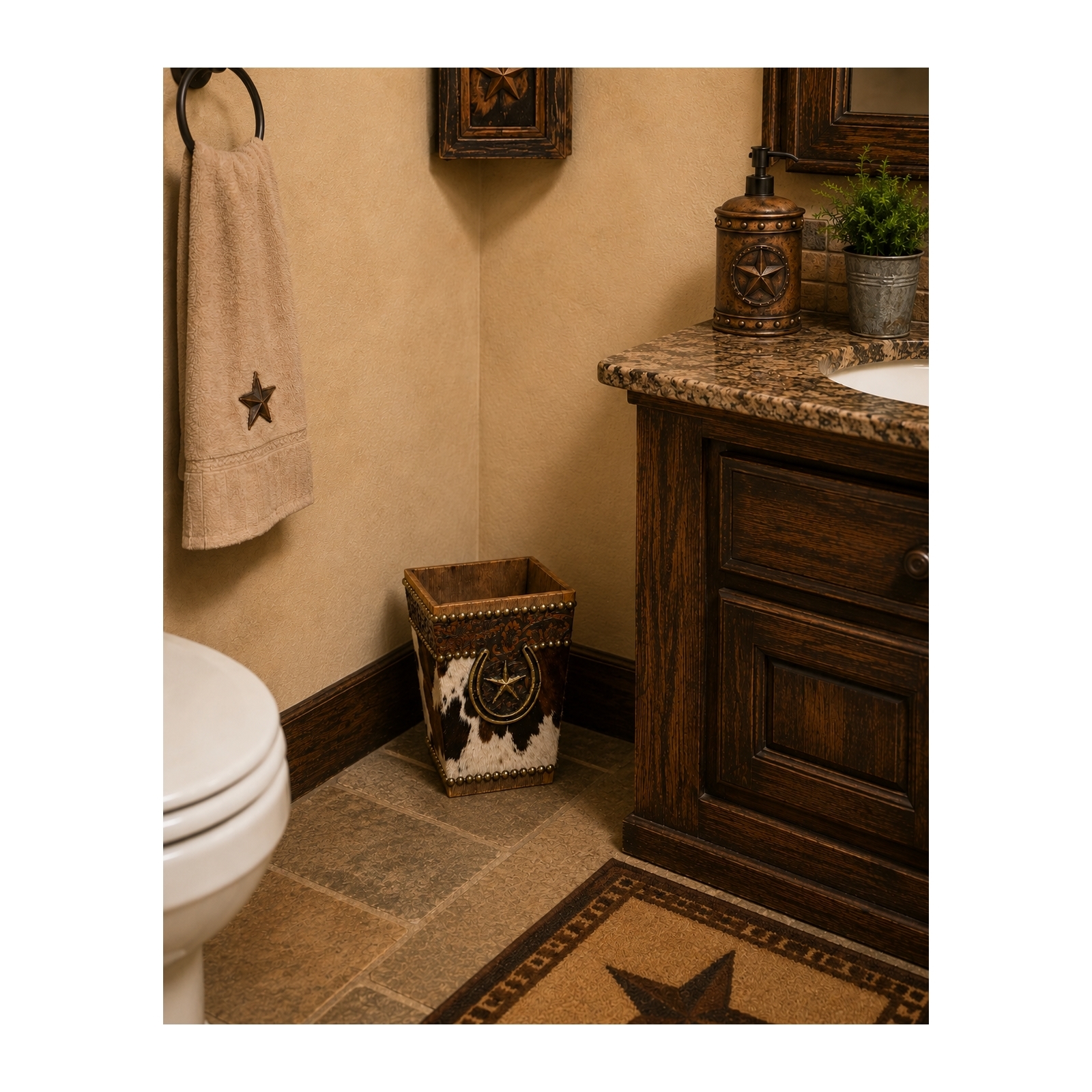 Western Cowhide Horseshoe Star Wastebasket